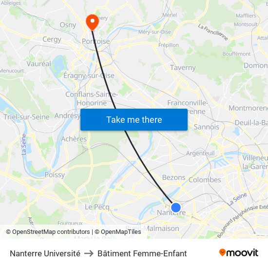 Nanterre Université to Bâtiment Femme-Enfant map