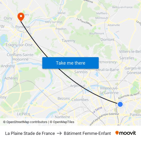 La Plaine Stade de France to Bâtiment Femme-Enfant map