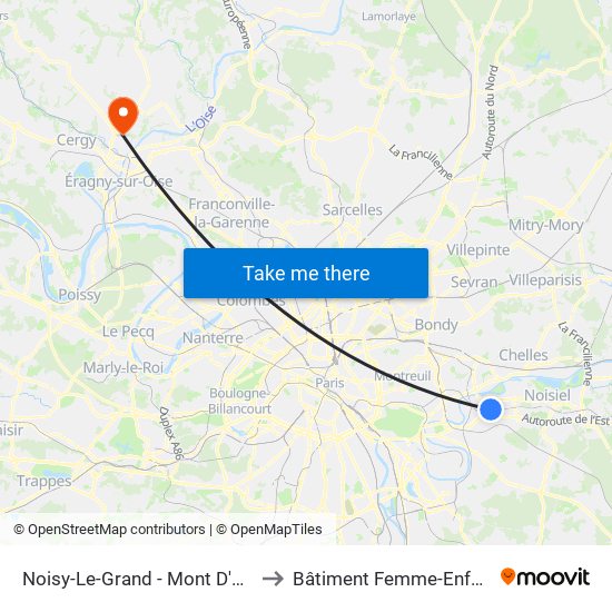 Noisy-Le-Grand - Mont D'Est to Bâtiment Femme-Enfant map