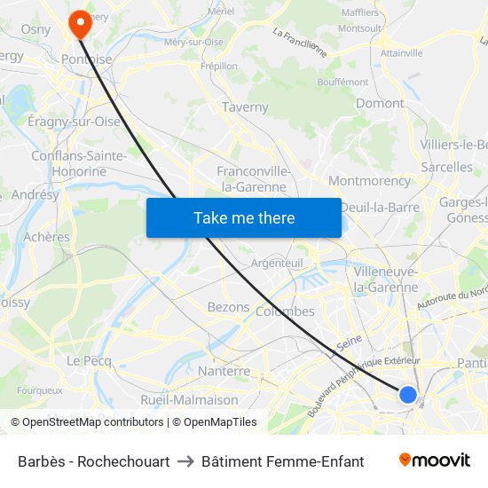 Barbès - Rochechouart to Bâtiment Femme-Enfant map