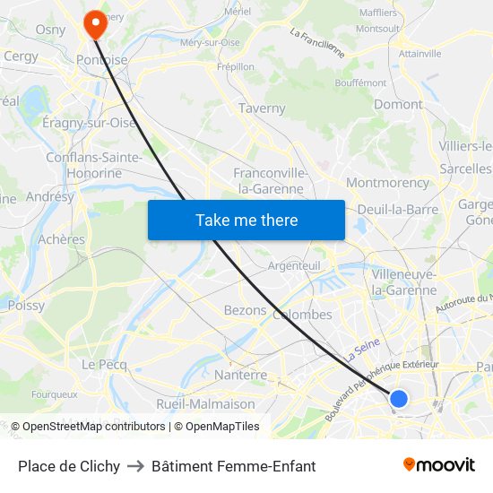 Place de Clichy to Bâtiment Femme-Enfant map
