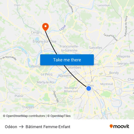 Odéon to Bâtiment Femme-Enfant map