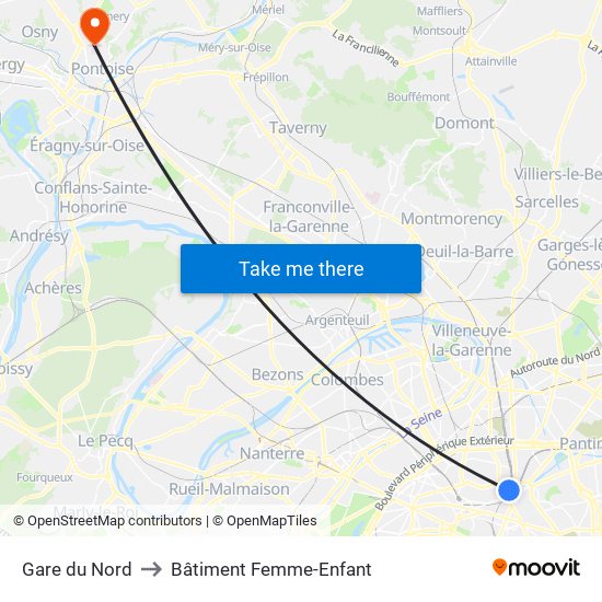 Gare du Nord to Bâtiment Femme-Enfant map