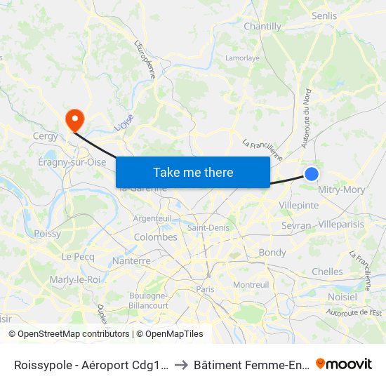Roissypole - Aéroport Cdg1 (D3) to Bâtiment Femme-Enfant map