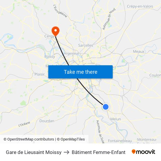 Gare de Lieusaint Moissy to Bâtiment Femme-Enfant map