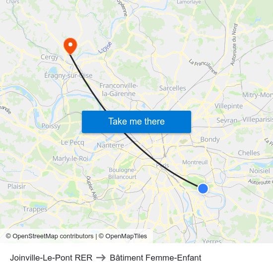 Joinville-Le-Pont RER to Bâtiment Femme-Enfant map