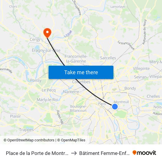 Place de la Porte de Montreuil to Bâtiment Femme-Enfant map