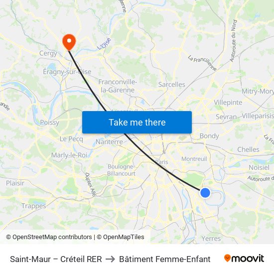 Saint-Maur – Créteil RER to Bâtiment Femme-Enfant map