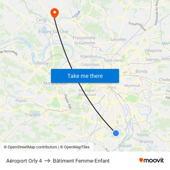 Aéroport Orly 4 to Bâtiment Femme-Enfant map