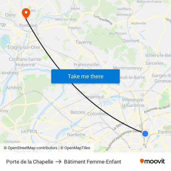 Porte de la Chapelle to Bâtiment Femme-Enfant map