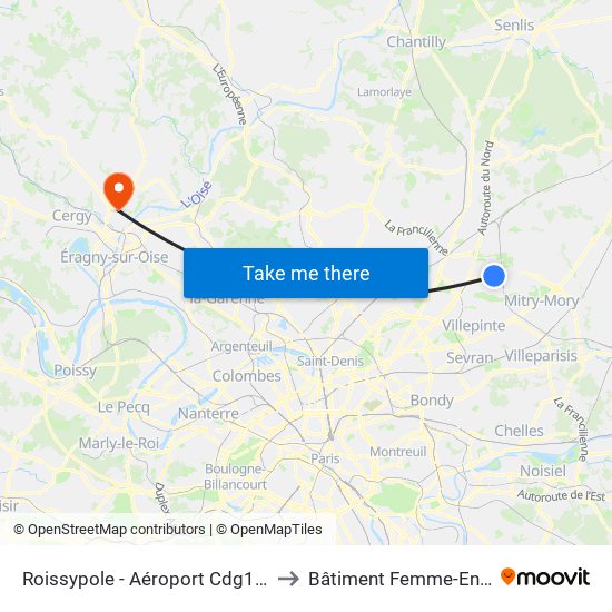 Roissypole - Aéroport Cdg1 (G1) to Bâtiment Femme-Enfant map