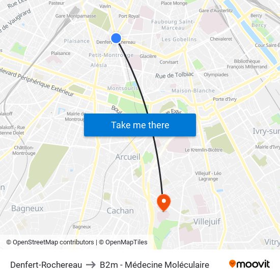 Denfert-Rochereau to B2m - Médecine Moléculaire map