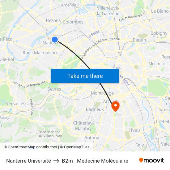 Nanterre Université to B2m - Médecine Moléculaire map