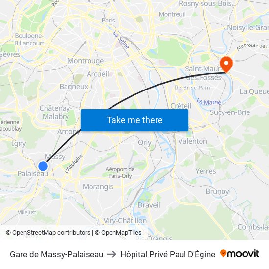 Gare de Massy-Palaiseau to Hôpital Privé Paul D'Égine map