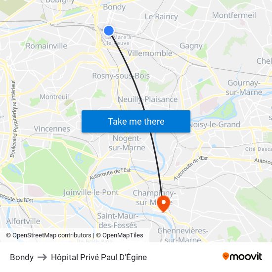 Bondy to Hôpital Privé Paul D'Égine map