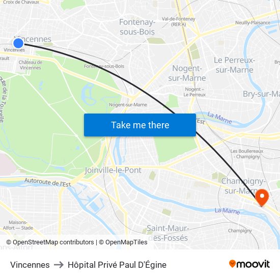 Vincennes to Hôpital Privé Paul D'Égine map