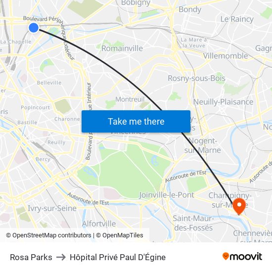 Rosa Parks to Hôpital Privé Paul D'Égine map