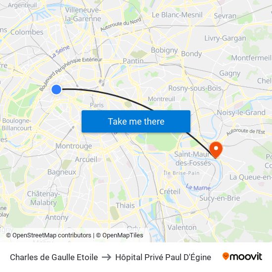 Charles de Gaulle Etoile to Hôpital Privé Paul D'Égine map