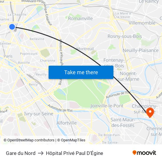 Gare du Nord to Hôpital Privé Paul D'Égine map