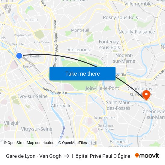 Gare de Lyon - Van Gogh to Hôpital Privé Paul D'Égine map