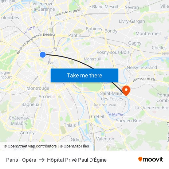 Paris - Opéra to Hôpital Privé Paul D'Égine map