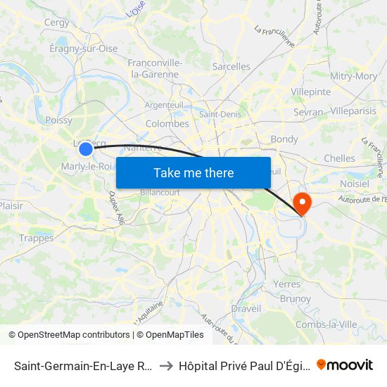 Saint-Germain-En-Laye RER to Hôpital Privé Paul D'Égine map