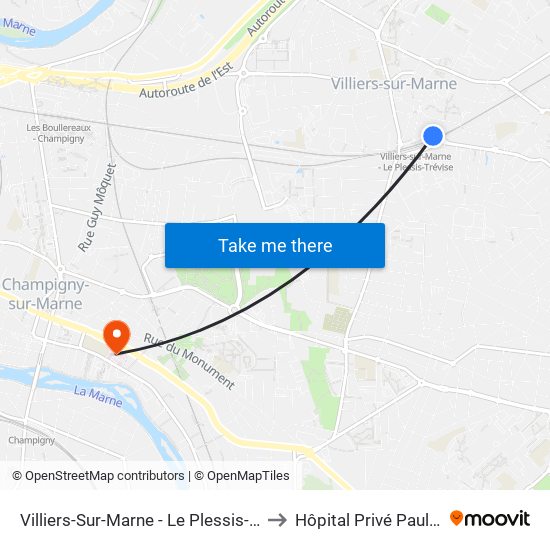 Villiers-Sur-Marne - Le Plessis-Trévise RER to Hôpital Privé Paul D'Égine map