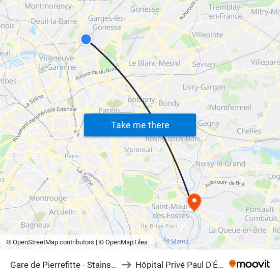 Gare de Pierrefitte - Stains RER to Hôpital Privé Paul D'Égine map