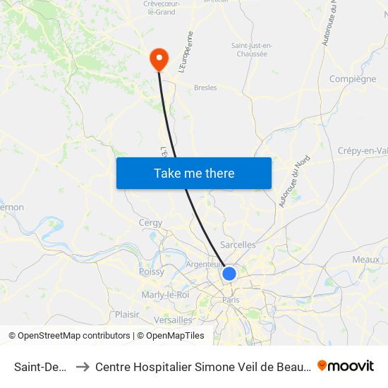 Saint-Denis to Centre Hospitalier Simone Veil de Beauvais map