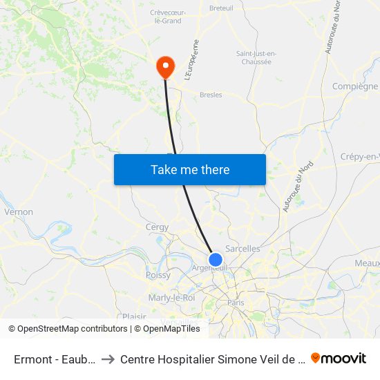 Ermont - Eaubonne to Centre Hospitalier Simone Veil de Beauvais map