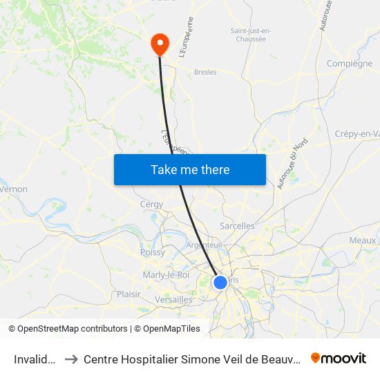 Invalides to Centre Hospitalier Simone Veil de Beauvais map