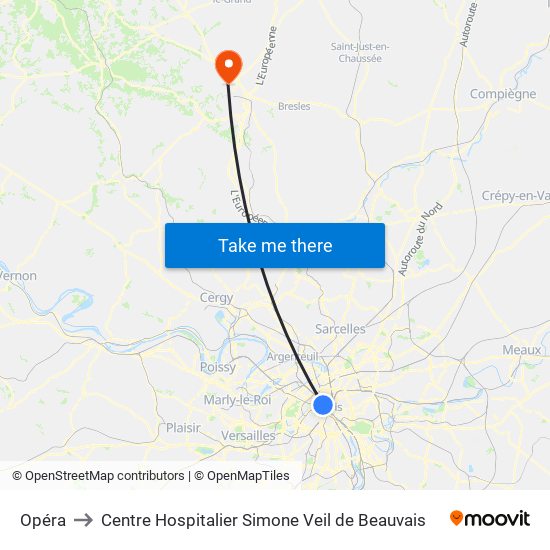 Opéra to Centre Hospitalier Simone Veil de Beauvais map