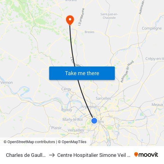 Charles de Gaulle Etoile to Centre Hospitalier Simone Veil de Beauvais map