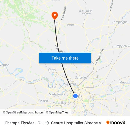 Champs-Élysées - Clemenceau to Centre Hospitalier Simone Veil de Beauvais map