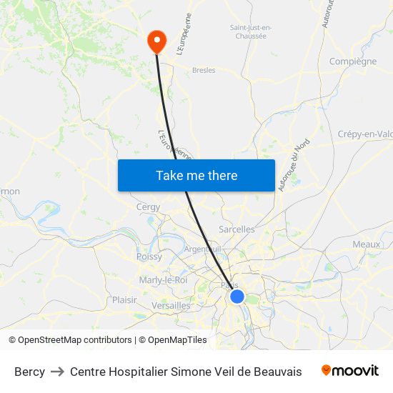 Bercy to Centre Hospitalier Simone Veil de Beauvais map