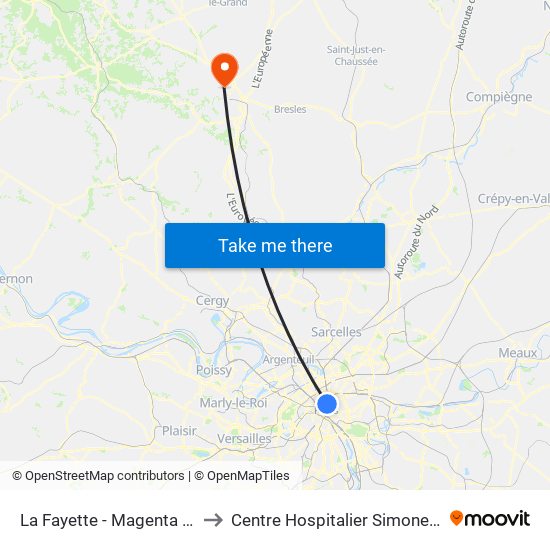 La Fayette - Magenta - Gare du Nord to Centre Hospitalier Simone Veil de Beauvais map