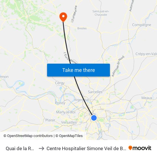Quai de la Rapée to Centre Hospitalier Simone Veil de Beauvais map