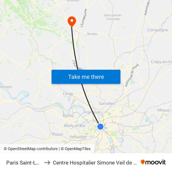 Paris Saint-Lazare to Centre Hospitalier Simone Veil de Beauvais map