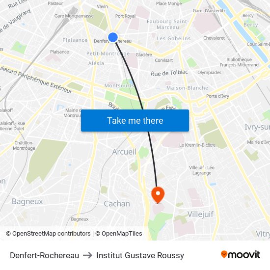 Denfert-Rochereau to Institut Gustave Roussy map