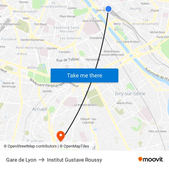 Gare de Lyon to Institut Gustave Roussy map