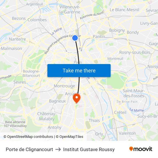 Porte de Clignancourt to Institut Gustave Roussy map
