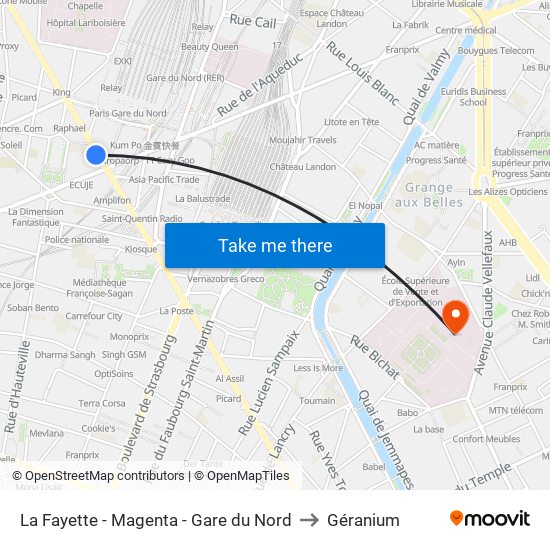 La Fayette - Magenta - Gare du Nord to Géranium map