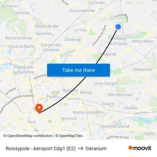 Roissypole - Aéroport Cdg1 (E2) to Géranium map