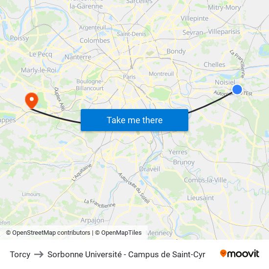 Torcy to Sorbonne Université - Campus de Saint-Cyr map