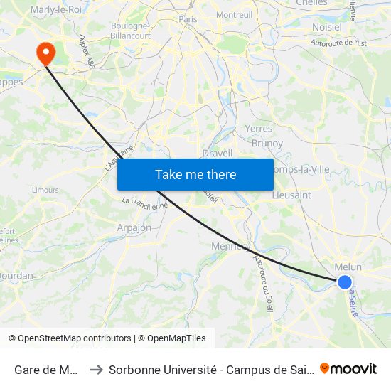 Gare de Melun to Sorbonne Université - Campus de Saint-Cyr map