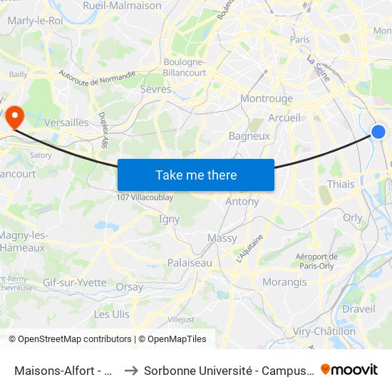 Maisons-Alfort - Alfortville to Sorbonne Université - Campus de Saint-Cyr map