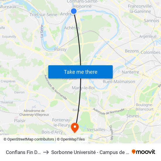 Conflans Fin D'Oise to Sorbonne Université - Campus de Saint-Cyr map