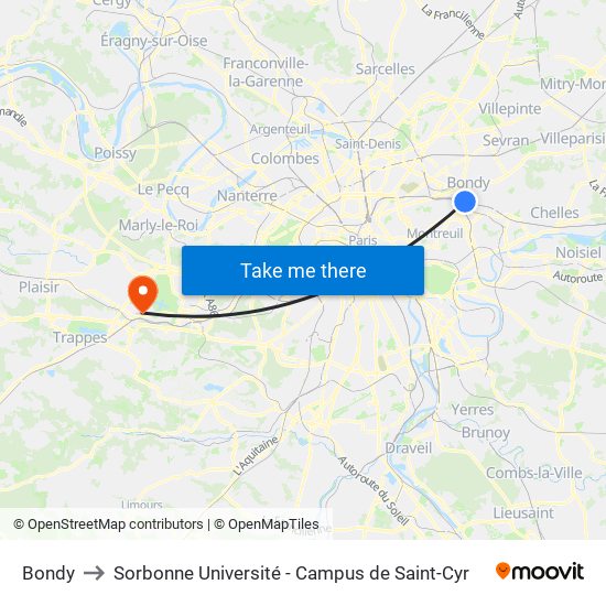Bondy to Sorbonne Université - Campus de Saint-Cyr map