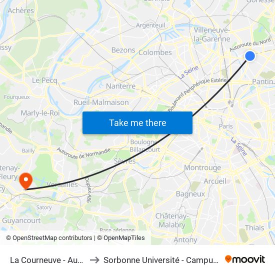 La Courneuve - Aubervilliers to Sorbonne Université - Campus de Saint-Cyr map