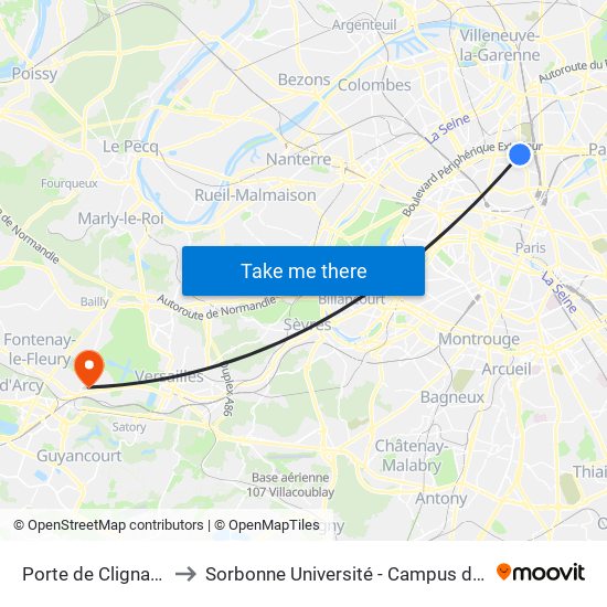 Porte de Clignancourt to Sorbonne Université - Campus de Saint-Cyr map